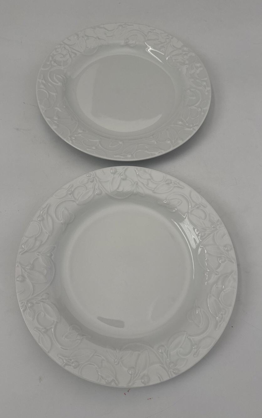 Dansk Floating Leaves White Dinner Plates 11" Portugal Set of 2 Embossed